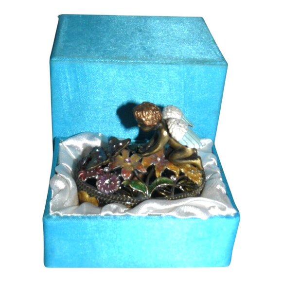Angel Trinket Box Hand-Painted Floral Desgn Hinged Lid Blue Satin-Lined Gift Box - Picture 2 of 11